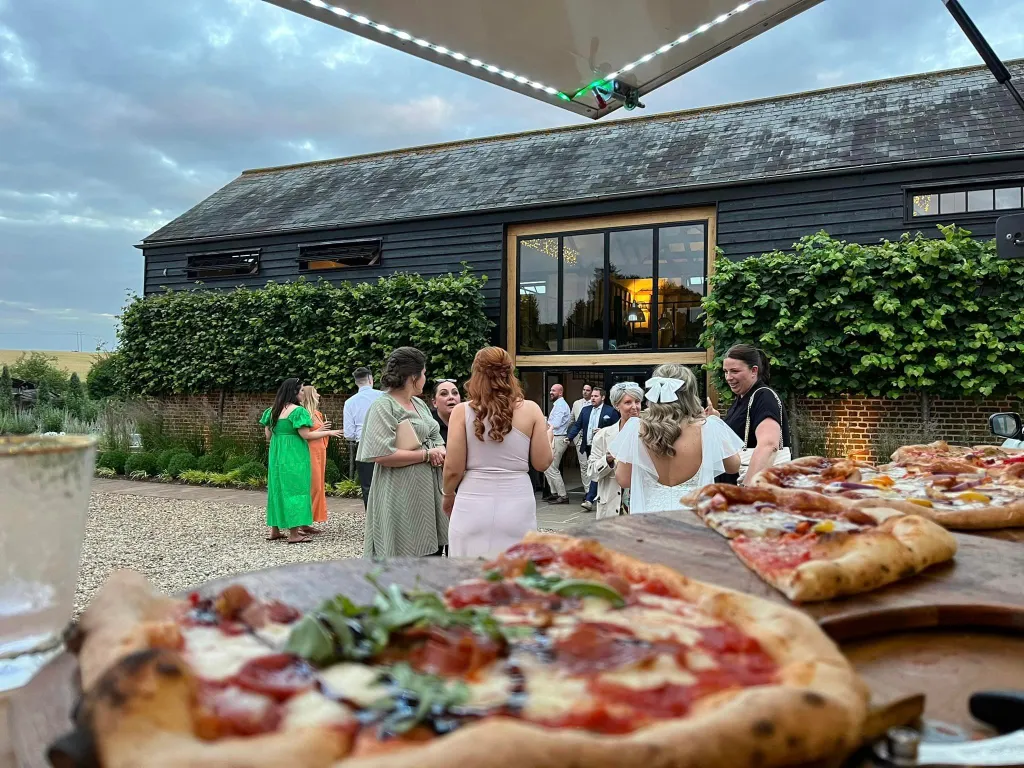 Pizzas served at a wedding reception